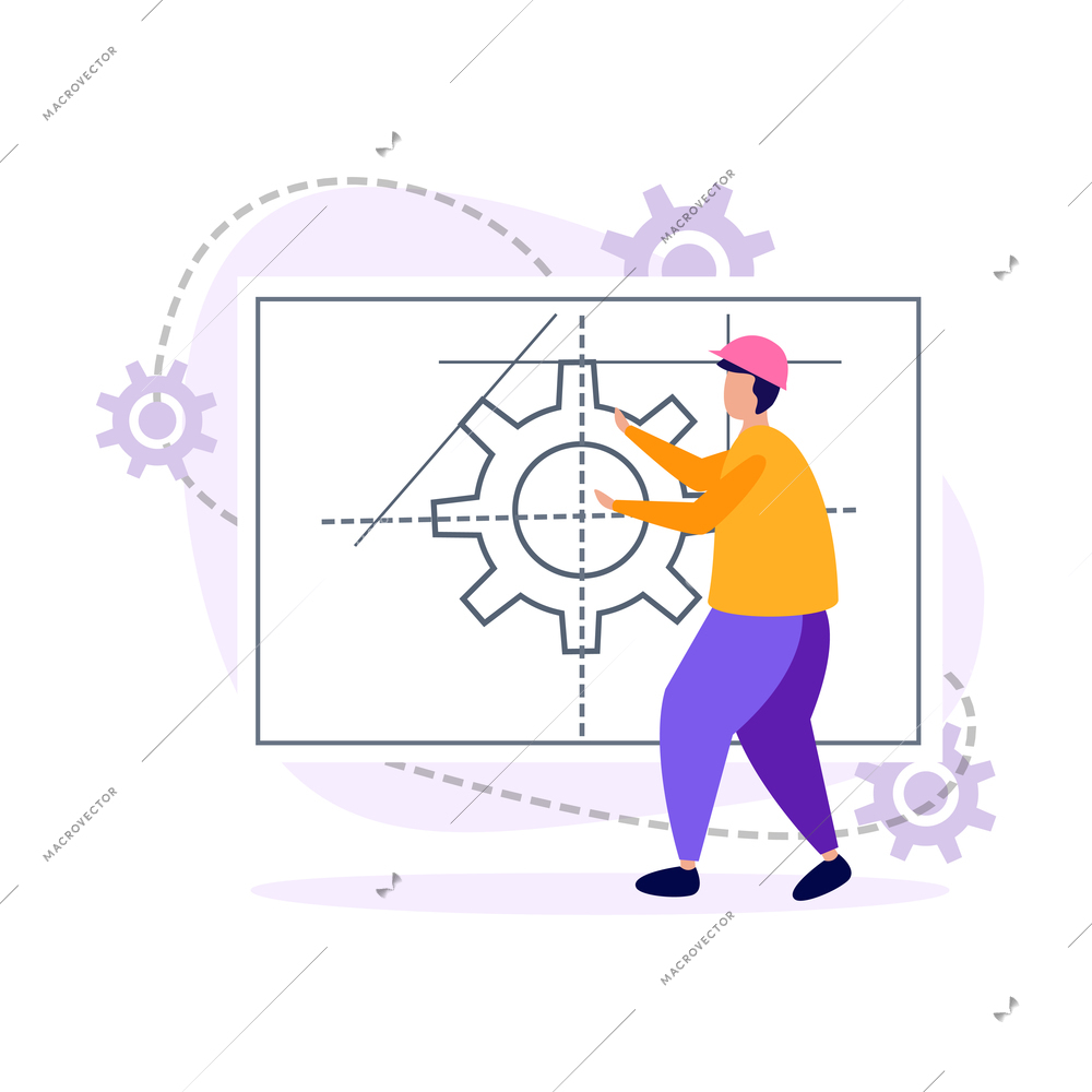 Engineering flat icons composition with character of engineer designing gear with paper project vector illustration