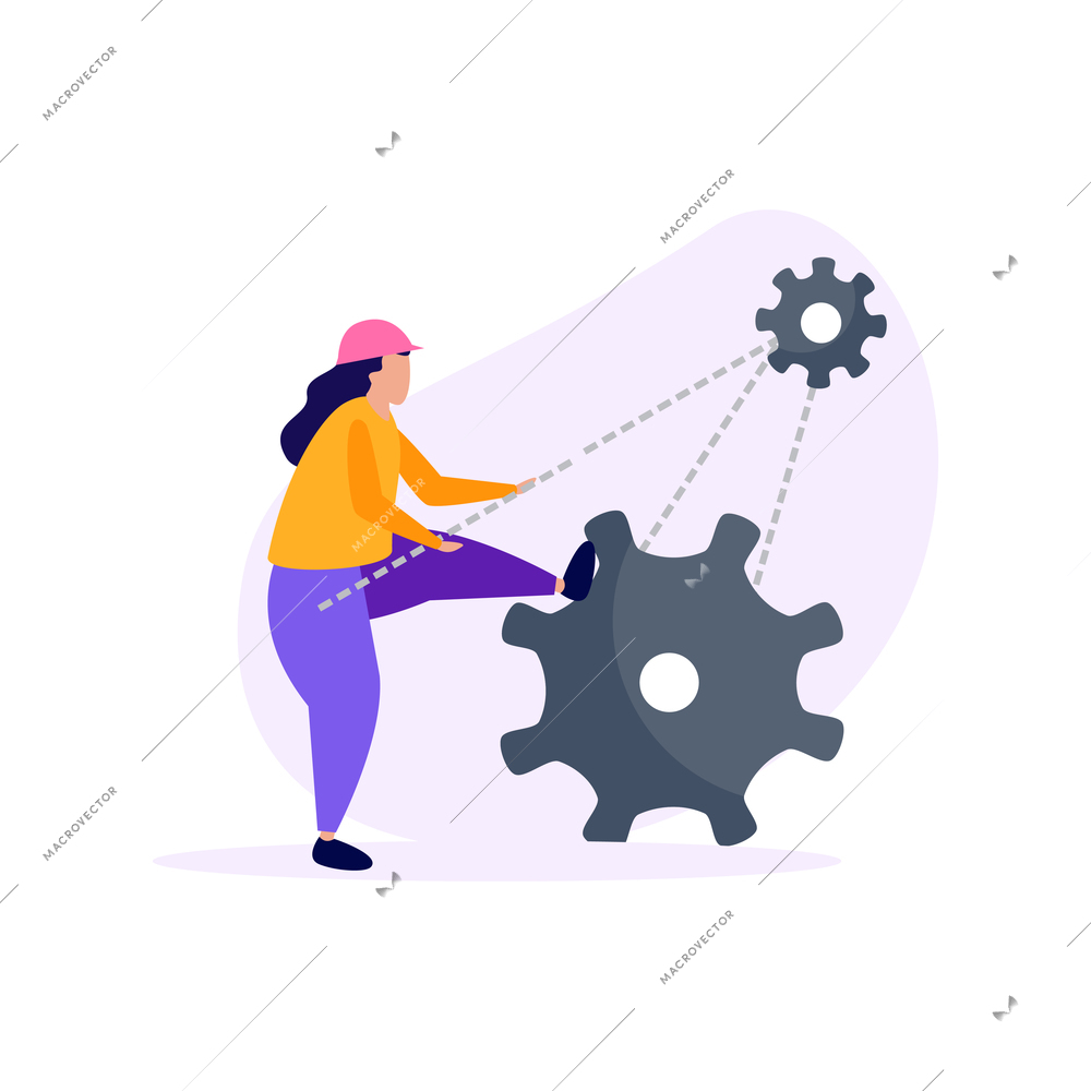 Engineering composition of flat gear icons with dashed lines pointing to human characters vector illustration