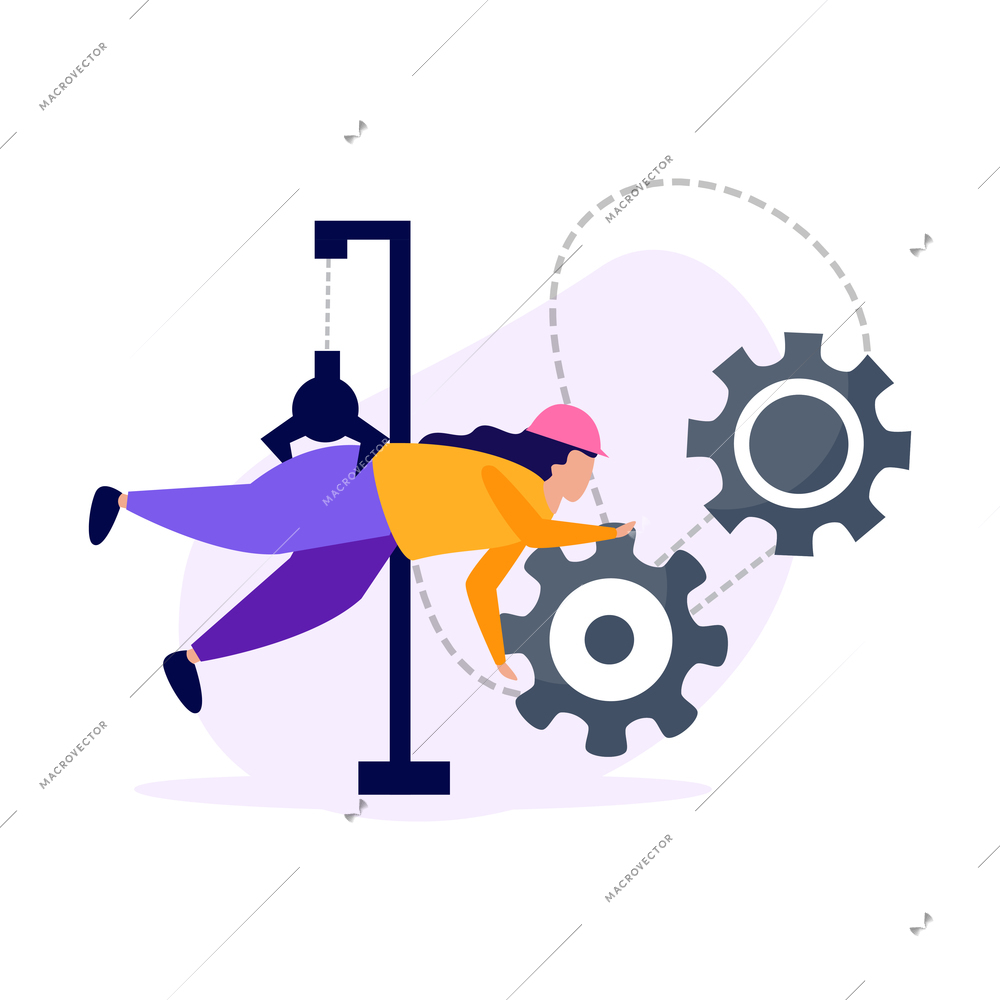 Engineering flat icons composition with character of hanging technician among gear icons on blank background vector illustration