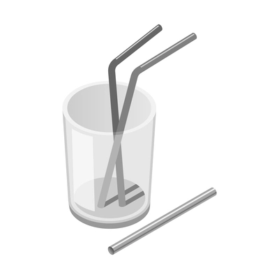 Zero waste isometric composition with icons of glass and recyclable sticks for drinking vector illustration