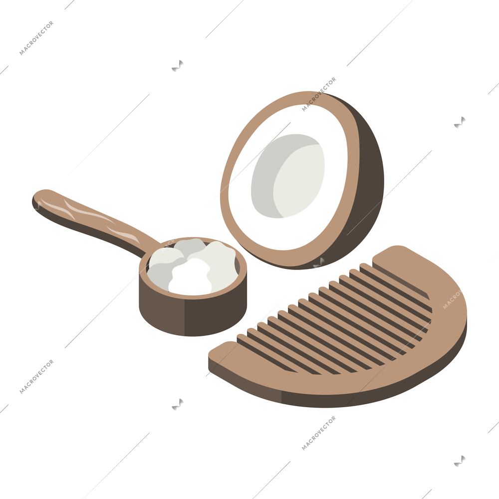 Zero waste isometric composition with icons of comb and coconut shell with oil for hair vector illustration