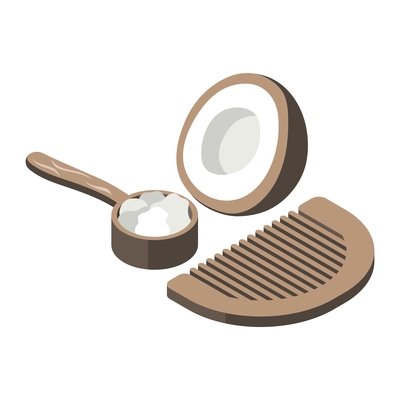 Zero waste isometric composition with icons of comb and coconut shell with oil for hair vector illustration