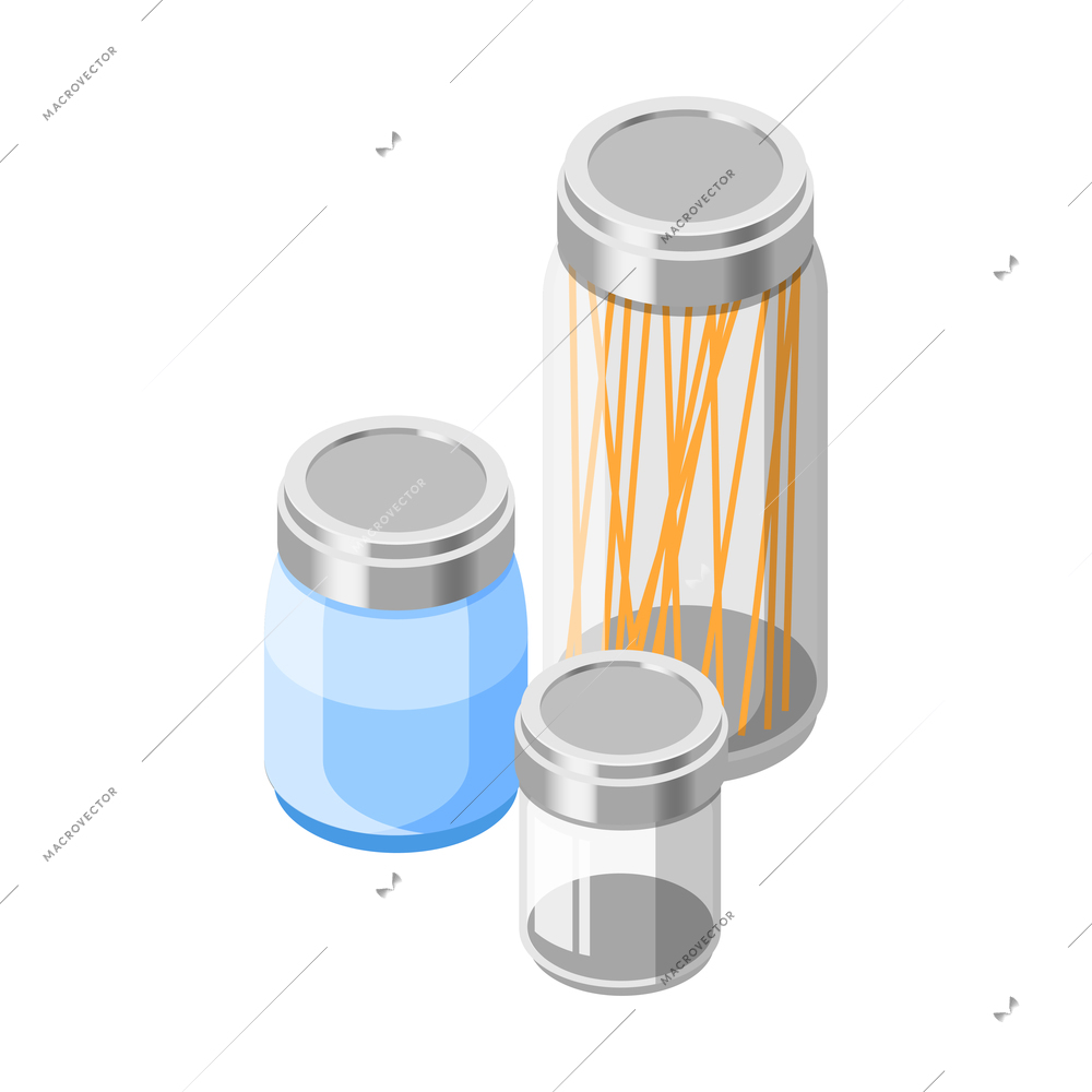 Zero waste isometric composition with set of transparent jars with caps made from eco friendly materials vector illustration