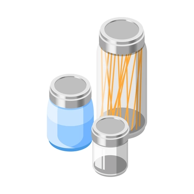 Zero waste isometric composition with set of transparent jars with caps made from eco friendly materials vector illustration