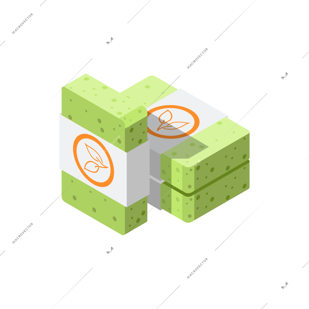 Zero waste isometric composition with bunch of green sponges with eco friendly label vector illustration