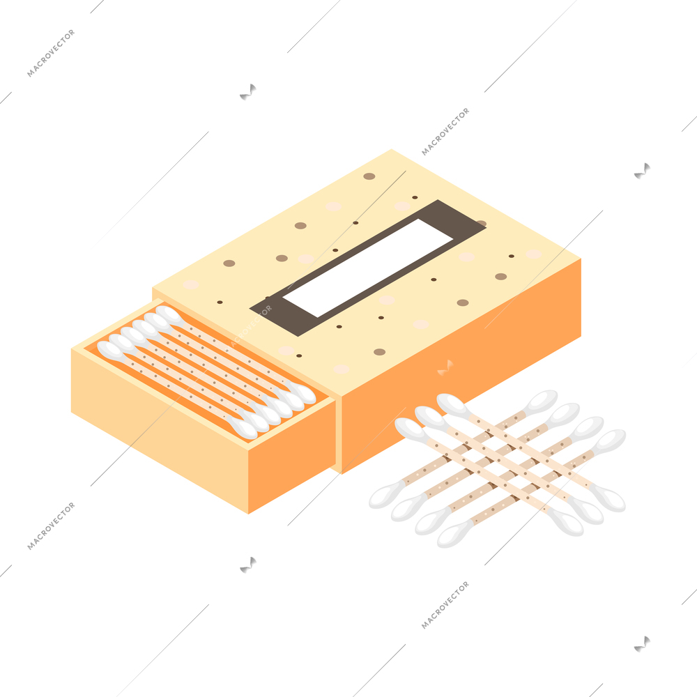 Zero waste isometric composition with icons of eco friendly ear clearing sticks with package box vector illustration