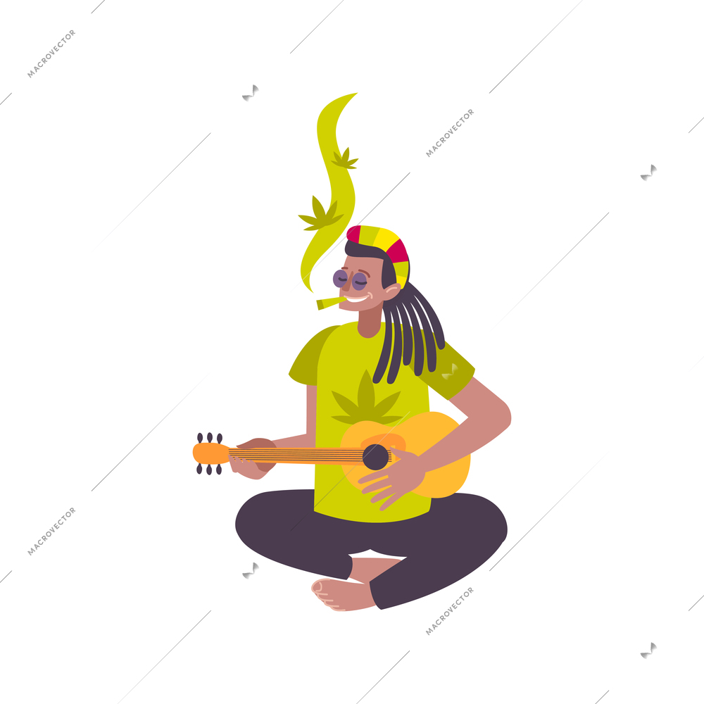Cannabis hemp marijuana people composition with character of rasta person smoking dope and playing guitar vector illustration