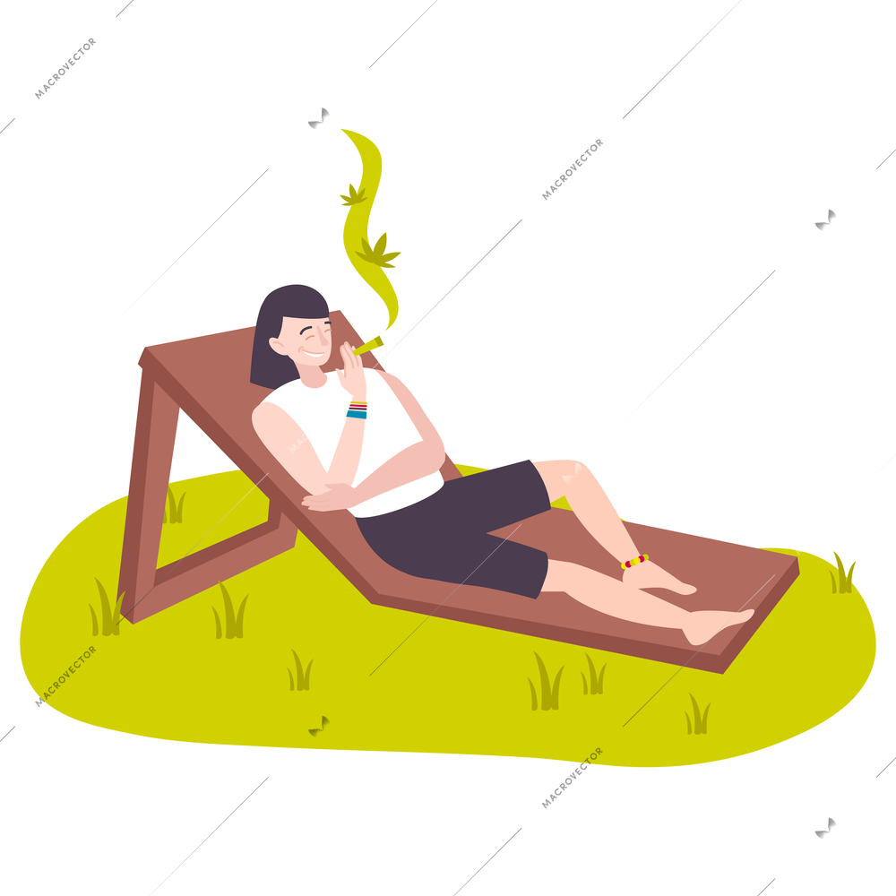 Cannabis hemp marijuana people composition with lounge chair on grass and person smoking joint vector illustration