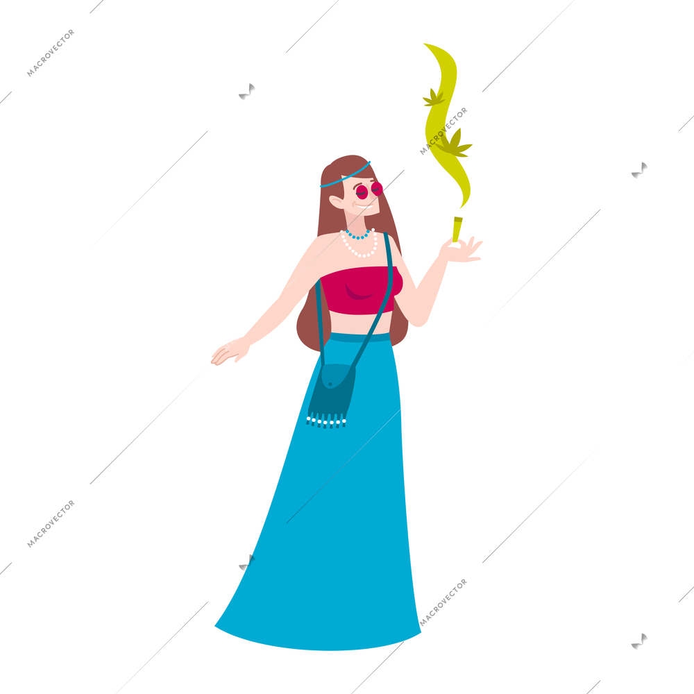 Cannabis hemp marijuana people composition with female character of woman smoking joint in hippie style clothes vector illustration