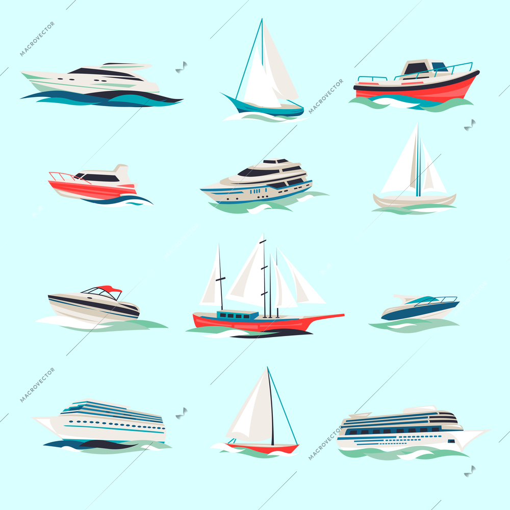 Marine boats cruise sea travel yacht motor vessels flat icons set with jet cutter abstract isolated vector illustration