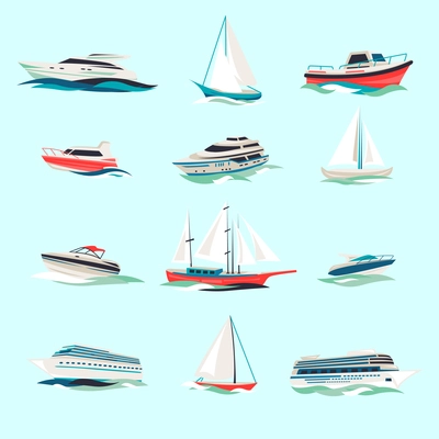 Marine boats cruise sea travel yacht motor vessels flat icons set with jet cutter abstract isolated vector illustration