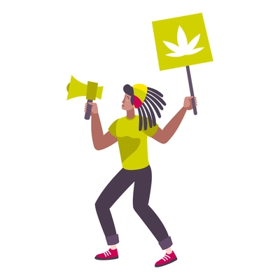 Cannabis hemp marijuana people composition with rasta man activist holding legalize placard and megaphone vector illustration