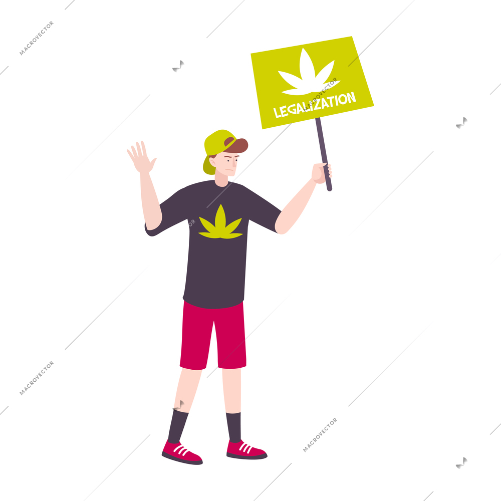 Cannabis hemp marijuana people composition of male activist character with canna leaf on t-shirt and placard vector illustration