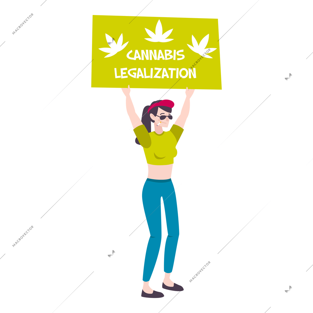 Cannabis hemp marijuana people composition with character of female legalize activist with placard vector illustration