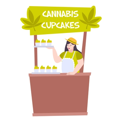 Cannabis hemp marijuana people composition with market stand counter with female character selling sweets vector illustration