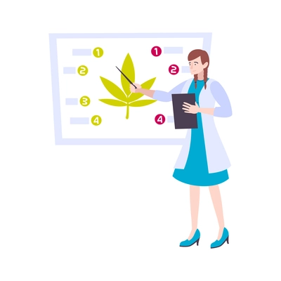 Cannabis hemp marijuana people composition with female medical specialist with pointer at canna leaf presentation board vector illustration