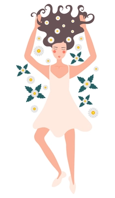 Flower girls flat composition with human character of lying woman with flowers weaved in her hair vector illustration