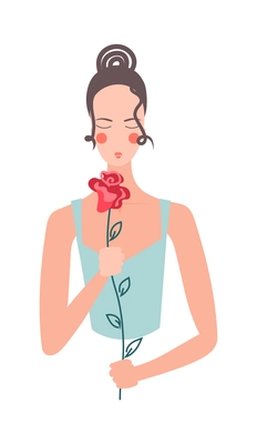 Flower girls flat composition with female human character of pretty woman sniffing rose flower vector illustration