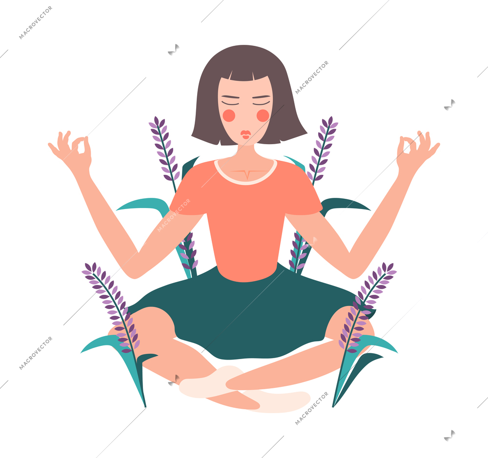 Flower girls flat composition with female human character practicing yoga among growing flowers vector illustration