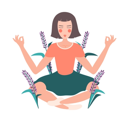 Flower girls flat composition with female human character practicing yoga among growing flowers vector illustration