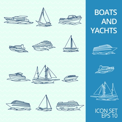 Ocean recreation cruise motor boats and sportive competitive sailing yachts outline sketch icons set isolated vector illustration