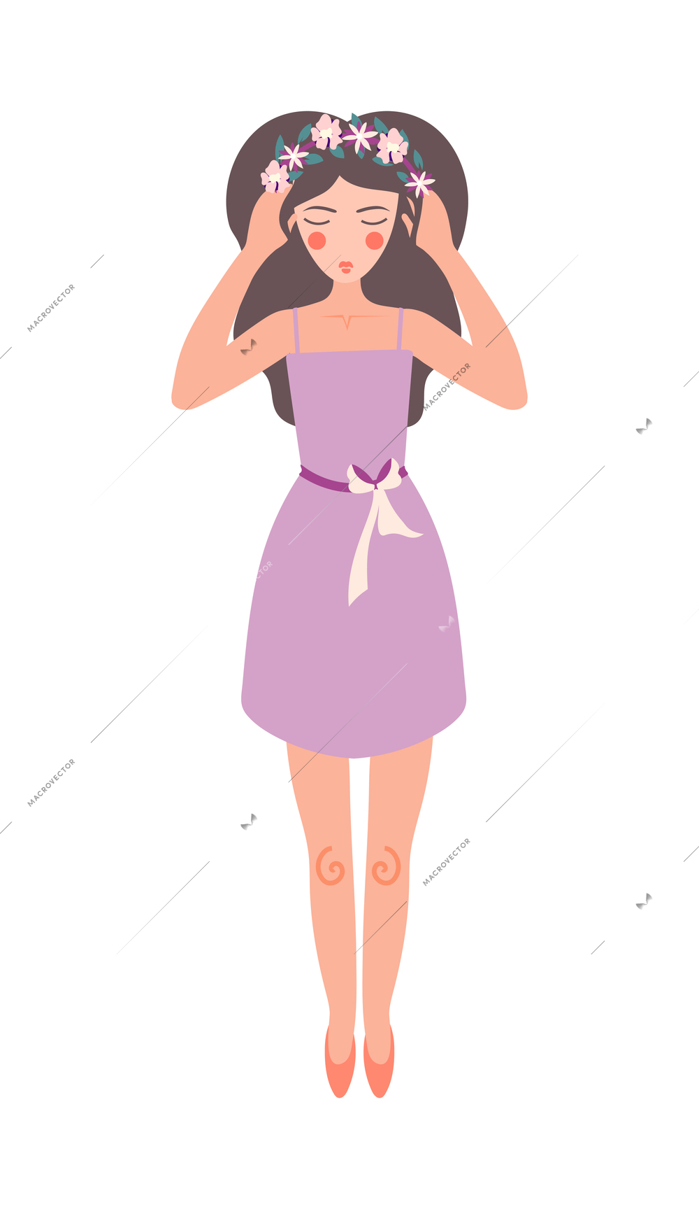 Flower girls flat composition with isolated character of woman wearing floral wreath on head vector illustration