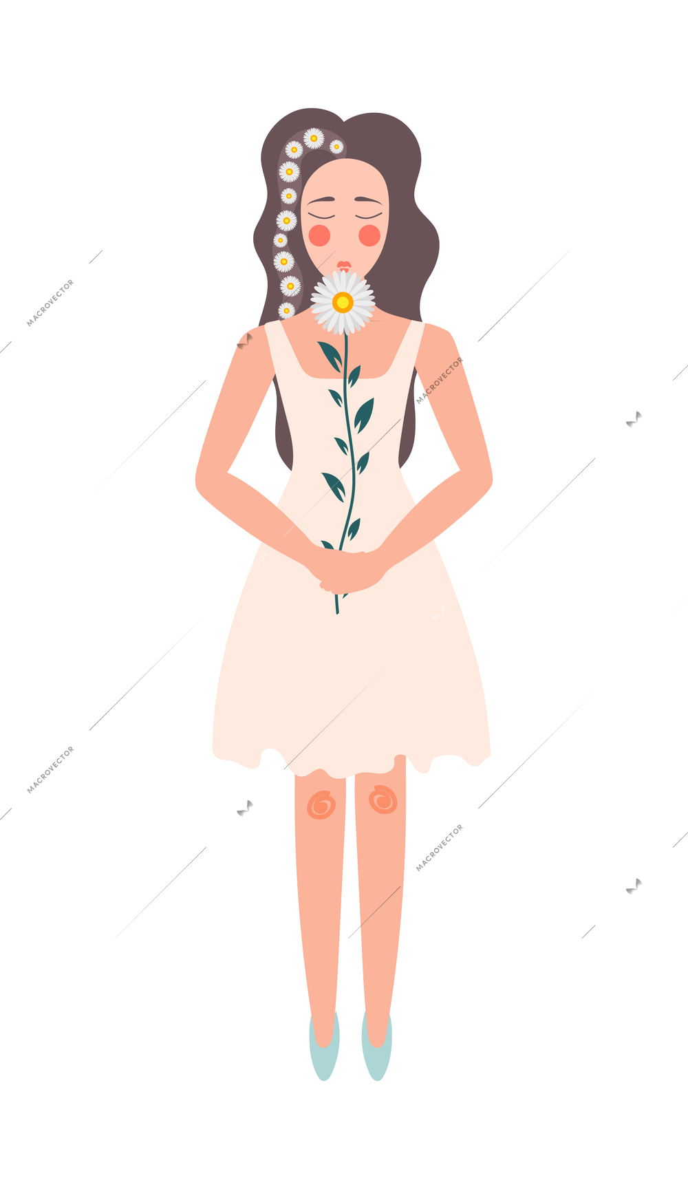 Flower girls flat composition with isolated human character of woman holding flower in her arms vector illustration