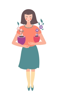 Flower girls flat composition with isolated female human character holding two flowers in pots vector illustration