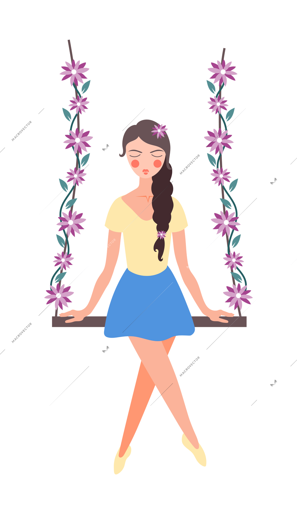 Flower girls flat composition with woman character sitting on wooden swing with flowers vector illustration