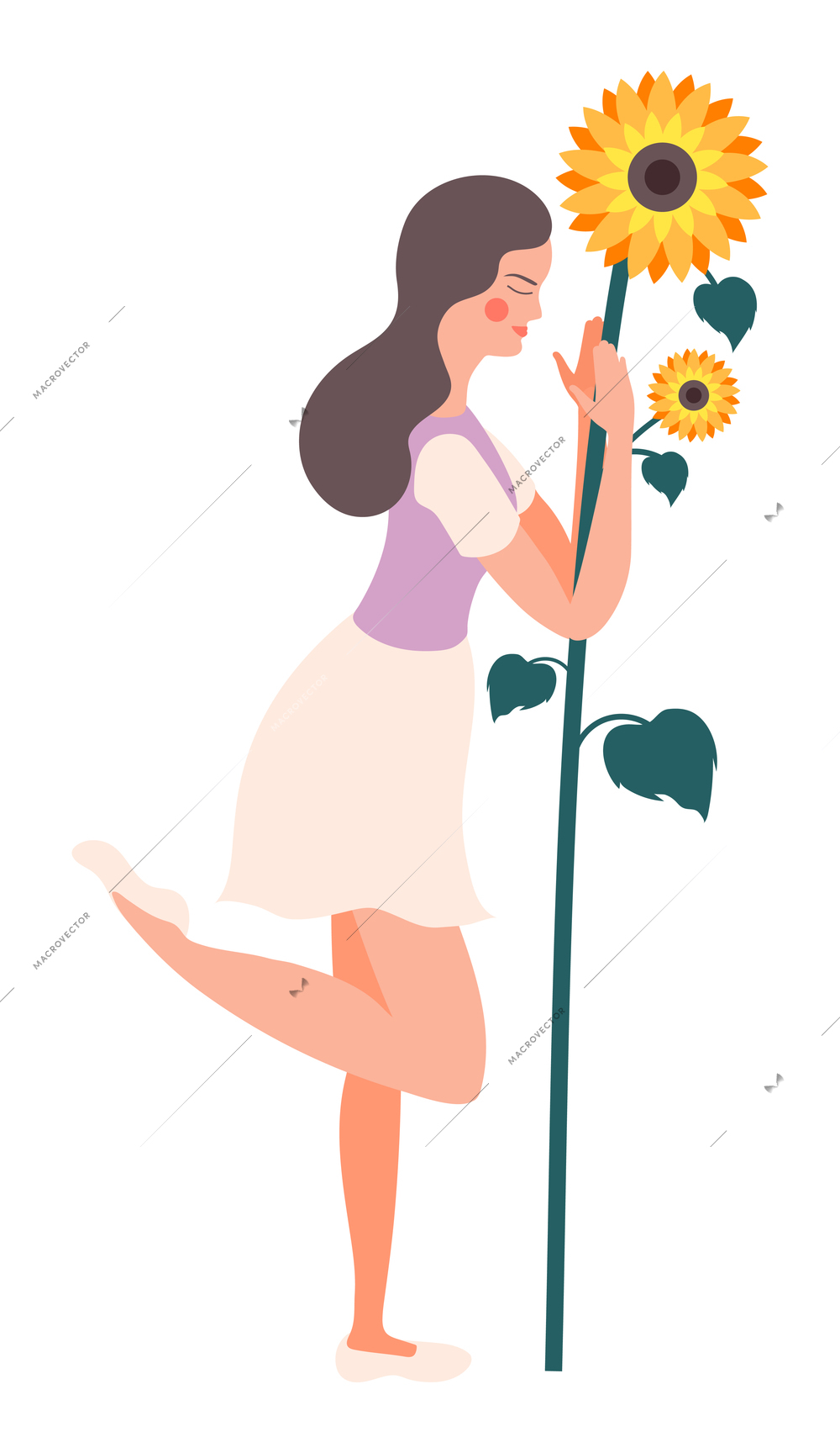 Flower girls flat composition with isolated images of tall sunflower with stem held by female character vector illustration