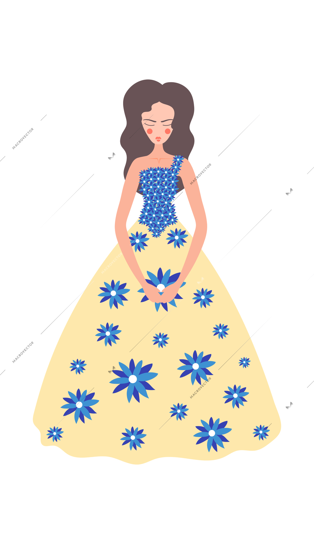 Flower girls flat composition with human character of woman wearing dress decorated with blue flowers vector illustration