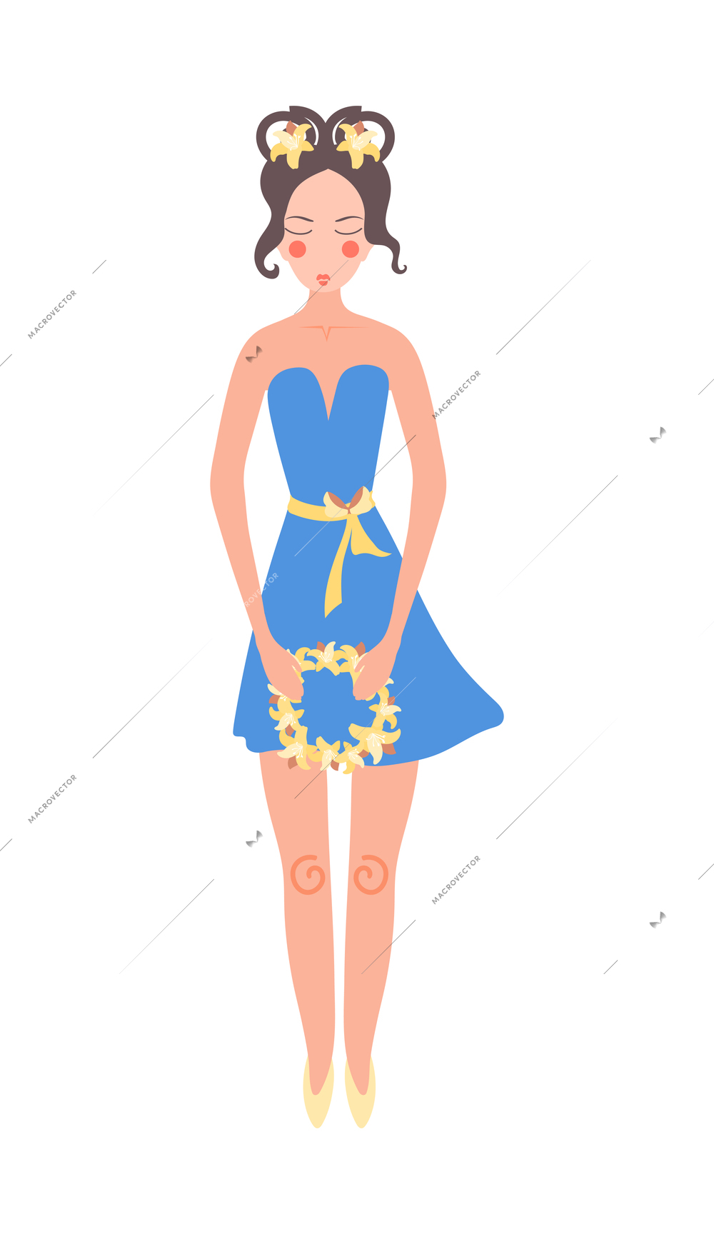Flower girls flat composition with character of tiny woman holding floral wreath on blank background vector illustration