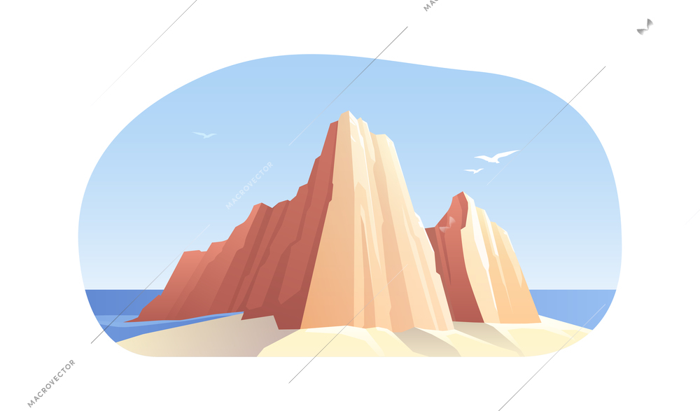 Mountains rocks landscapes set flat composition with marine scenery with birds flying above sea and cliffs vector illustration