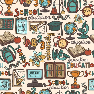 Retro school and university education colored sketch seamless pattern vector illustration