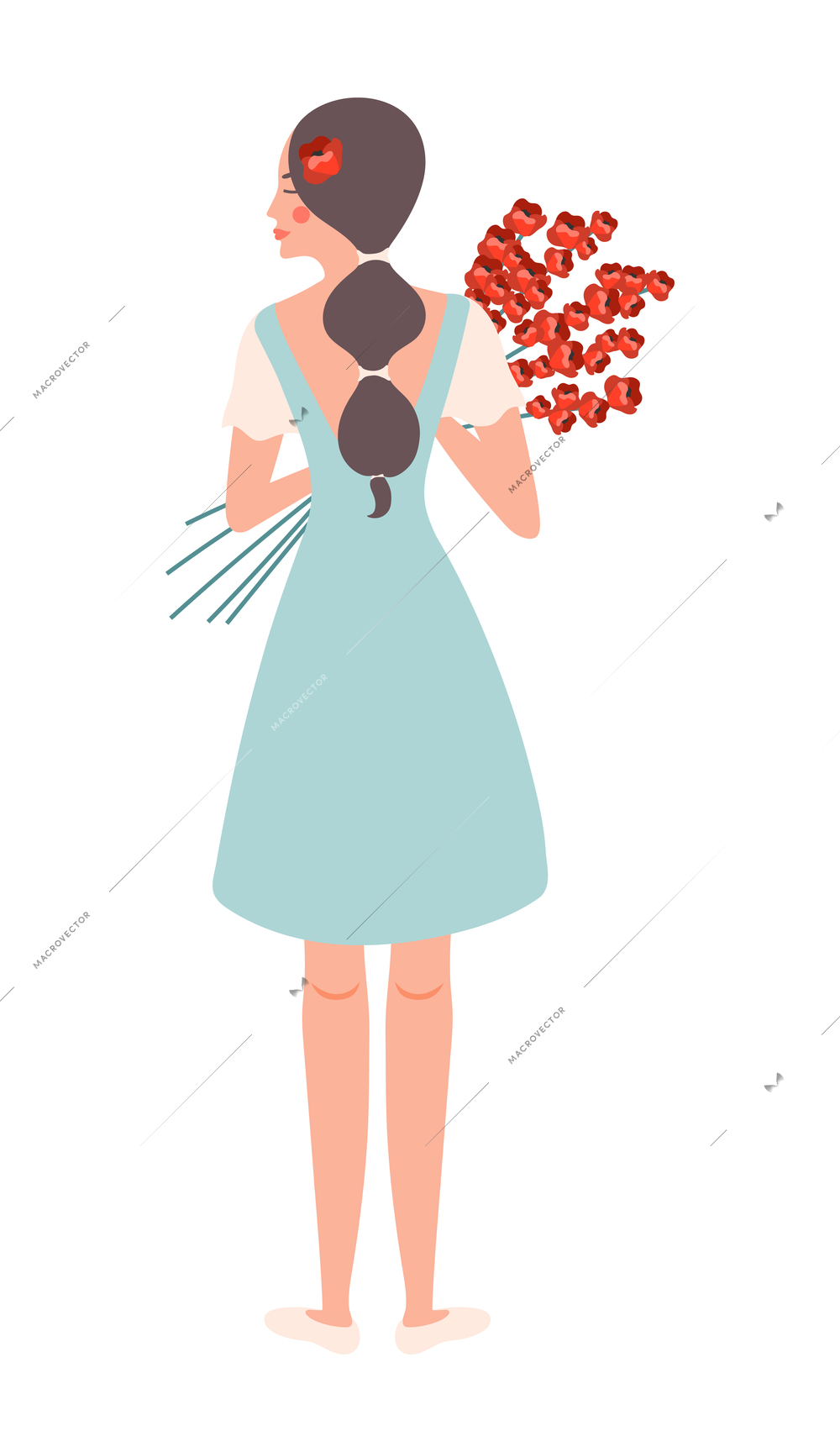 Flower girls flat composition with rear view of woman with plait holding bunch of poppy flowers vector illustration