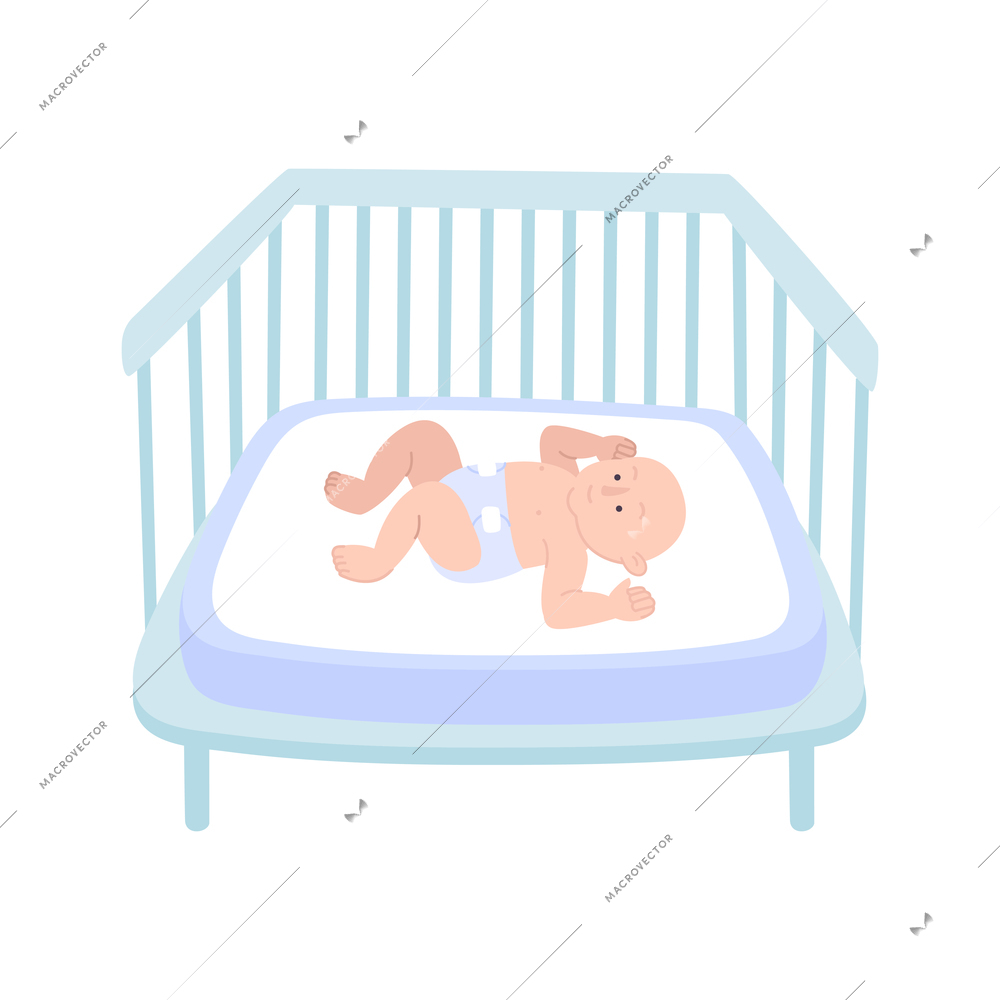 Childbirth motherhood flat composition with character of infant baby lying in the crib bed vector illustration