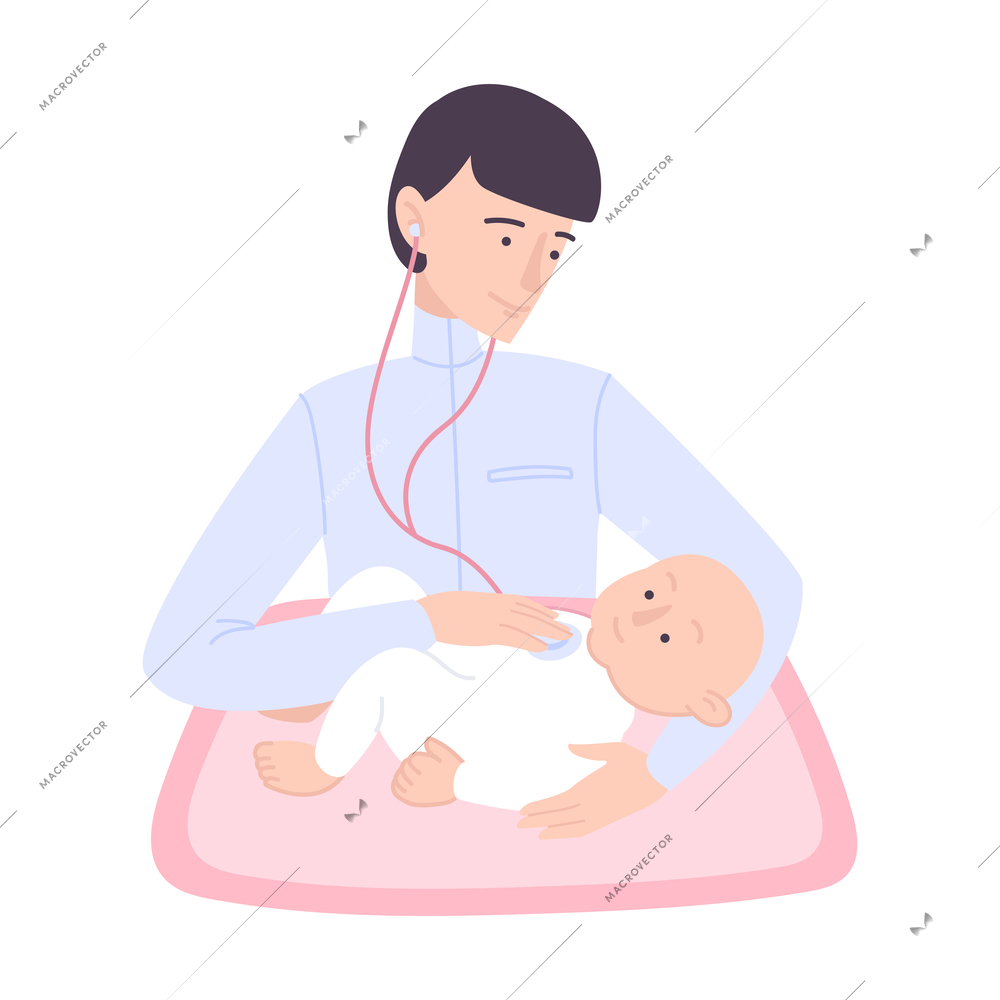 Childbirth motherhood flat composition with view of baby child in arms of childrens doctor wearing stethoscope vector illustration