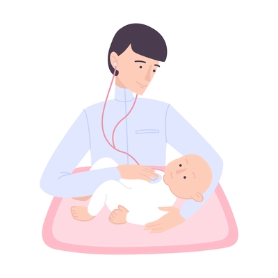 Childbirth motherhood flat composition with view of baby child in arms of childrens doctor wearing stethoscope vector illustration