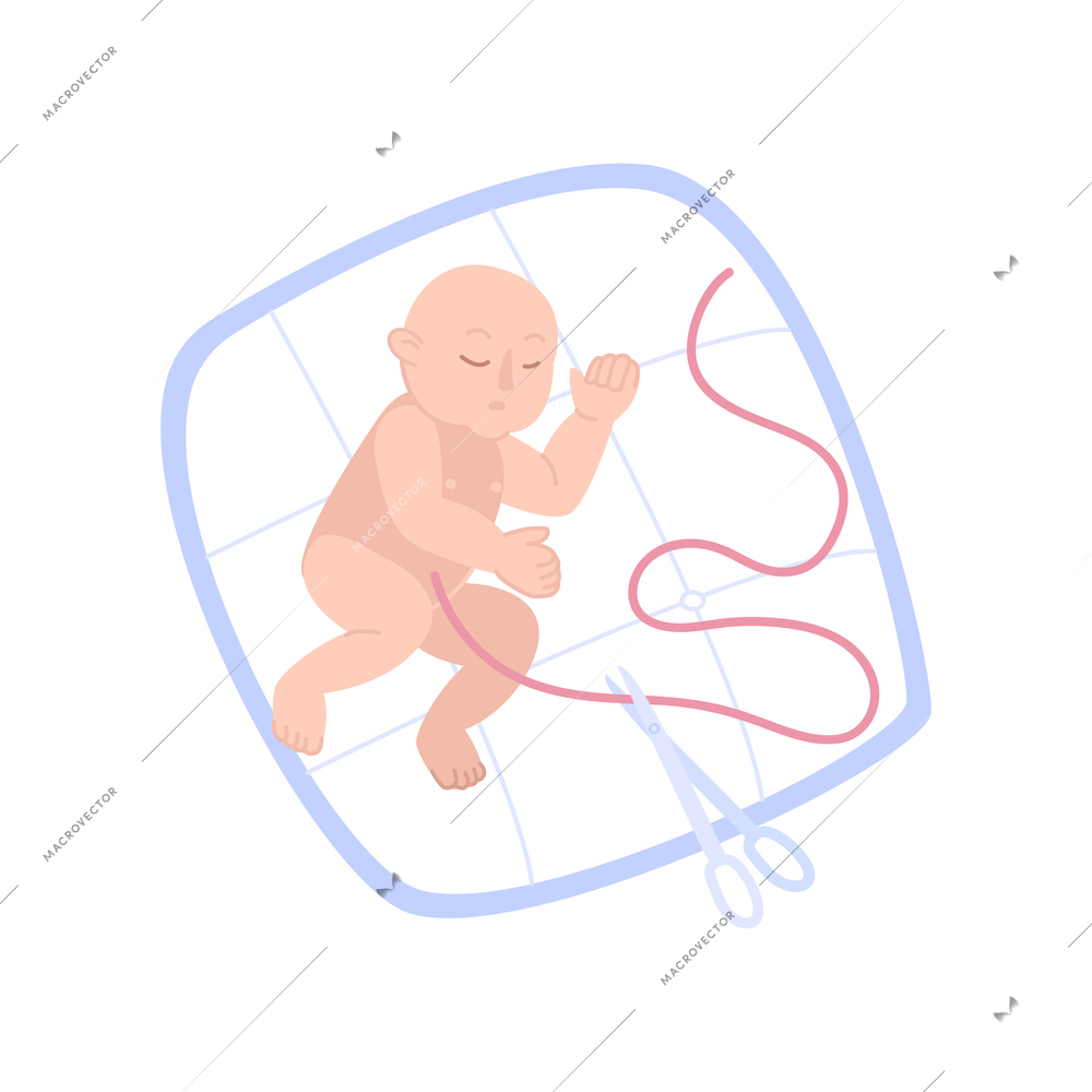 Childbirth motherhood flat composition with character of baby lying on pillow with placenta and scissors vector illustration