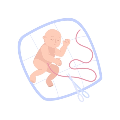 Childbirth motherhood flat composition with character of baby lying on pillow with placenta and scissors vector illustration