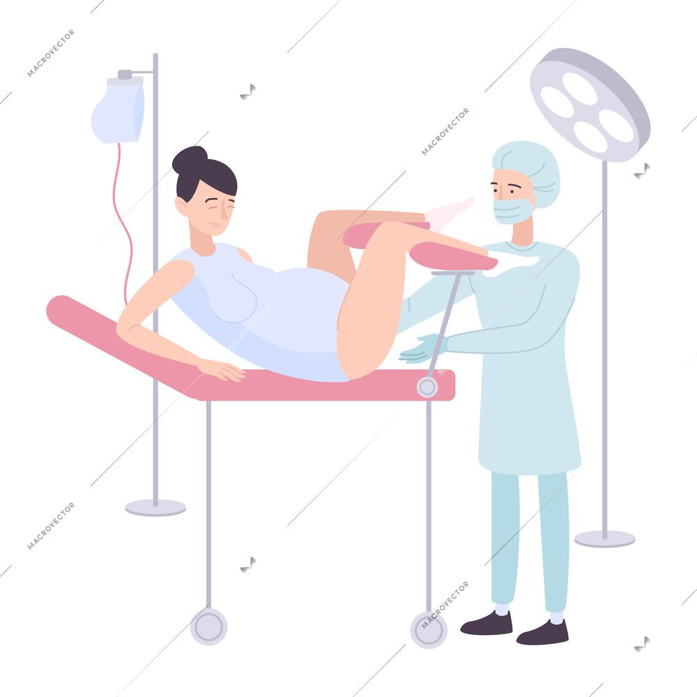 Childbirth motherhood flat composition with characters of obstetrician and mother delivering baby in surgery room vector illustration