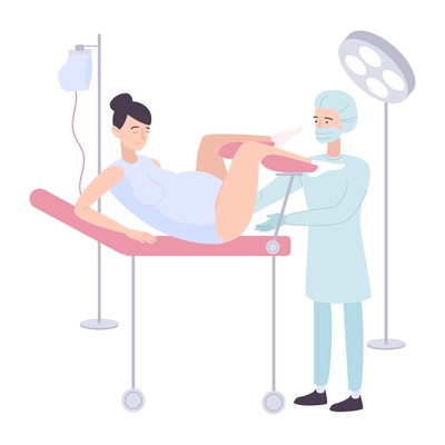 Childbirth motherhood flat composition with characters of obstetrician and mother delivering baby in surgery room vector illustration