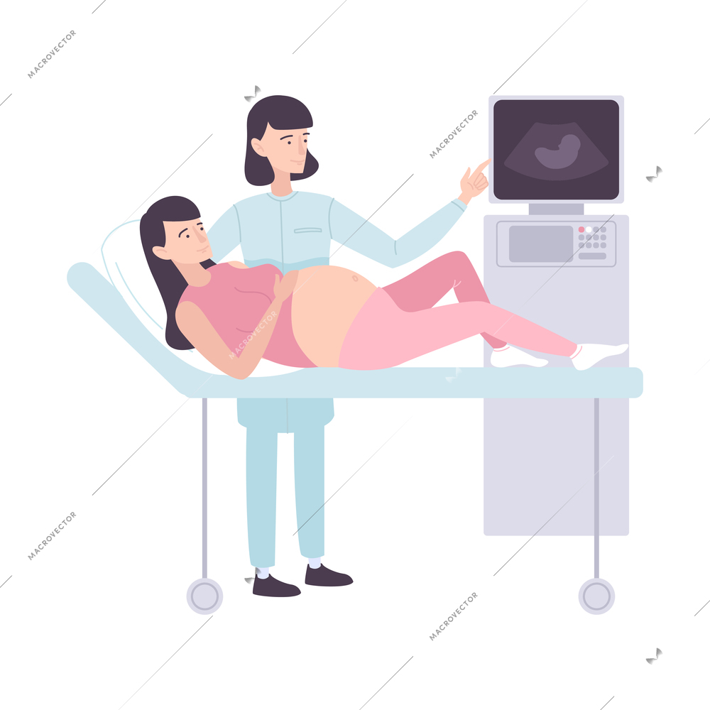 Childbirth motherhood flat composition with view of ultrasonic examination of pregnant woman with medical apparatus vector illustration