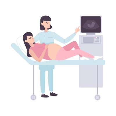 Childbirth motherhood flat composition with view of ultrasonic examination of pregnant woman with medical apparatus vector illustration