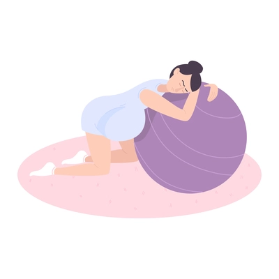 Childbirth motherhood flat composition with doodle character of pregnant woman with gym ball vector illustration