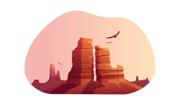 Mountains rocks landscapes set flat composition with view of desert canyon with sky and flying birds vector illustration