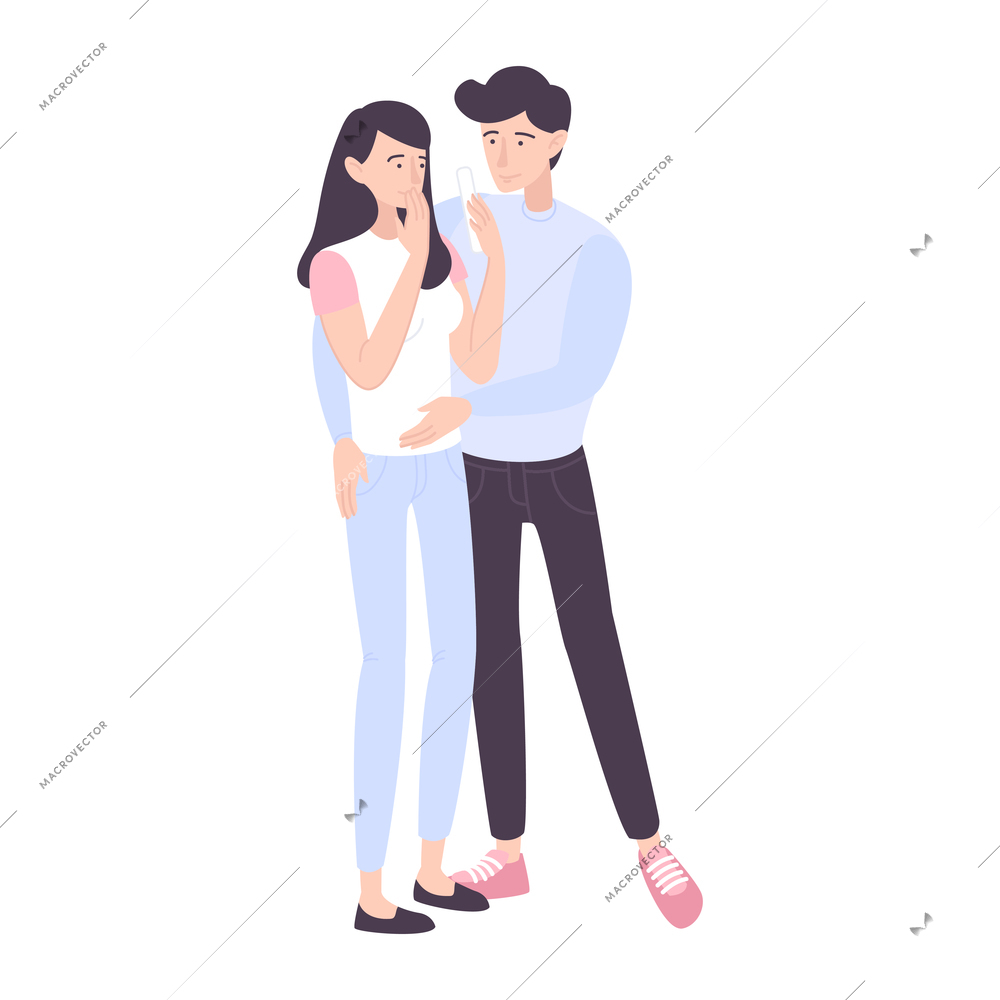 Childbirth motherhood flat composition with doodle style characters of worried young couple with pregnancy test vector illustration