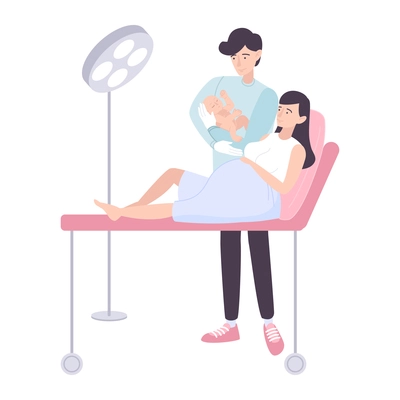 Childbirth motherhood flat composition with characters of parents with newborn child in surgery room vector illustration