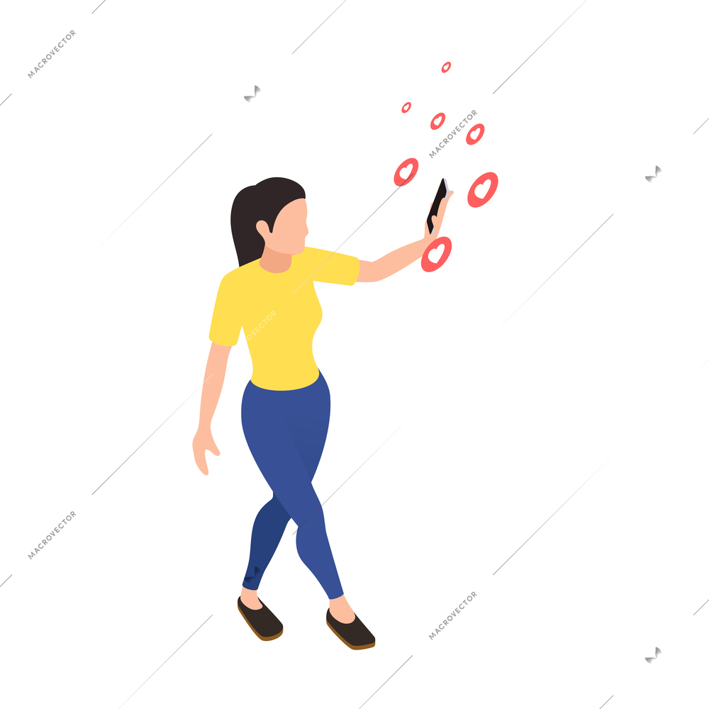 Social network addiction isometric composition with female character taking selfies with smartphone and icons of likes vector illustration