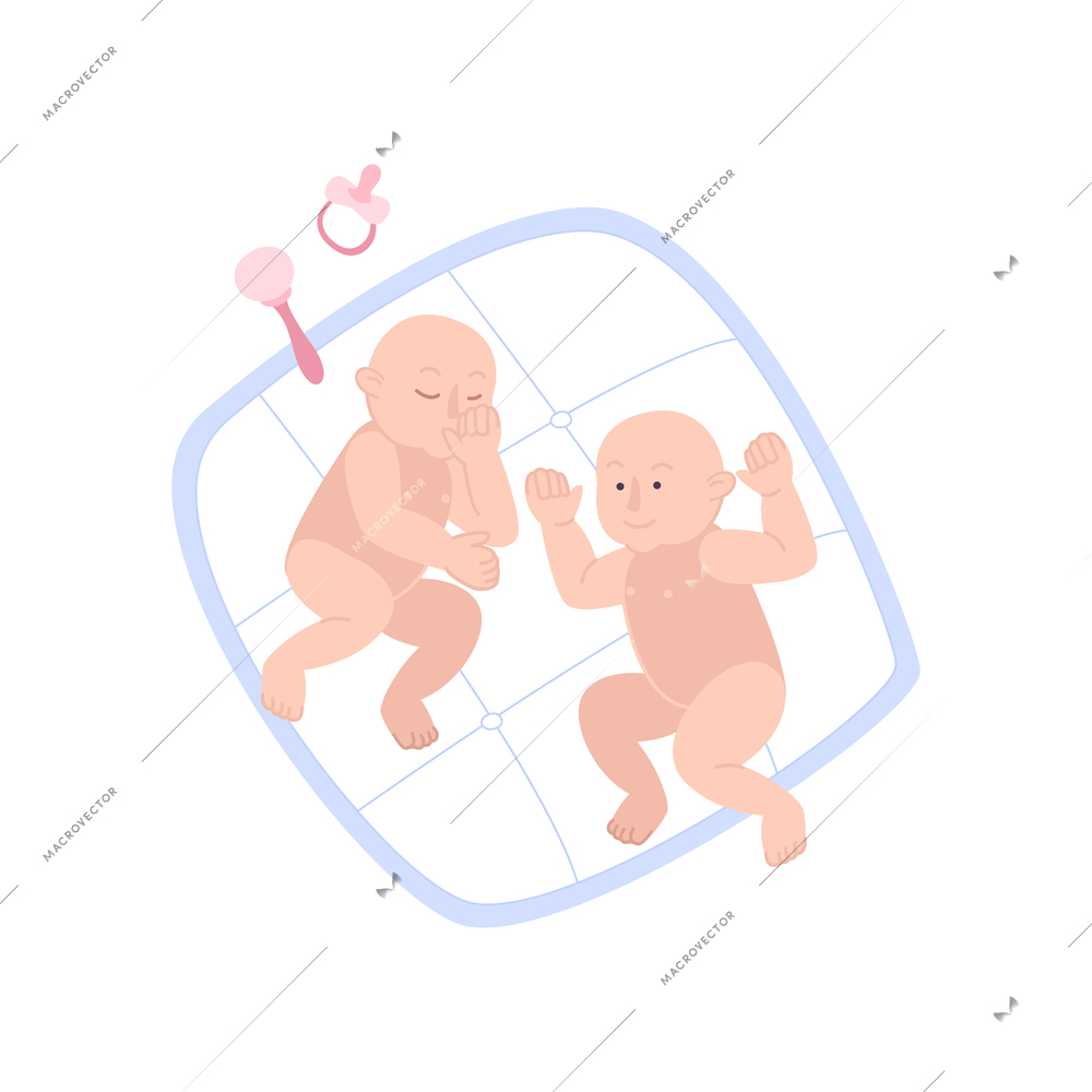 Childbirth motherhood flat composition with characters of two babies on pillow with rattle and pacifier vector illustration